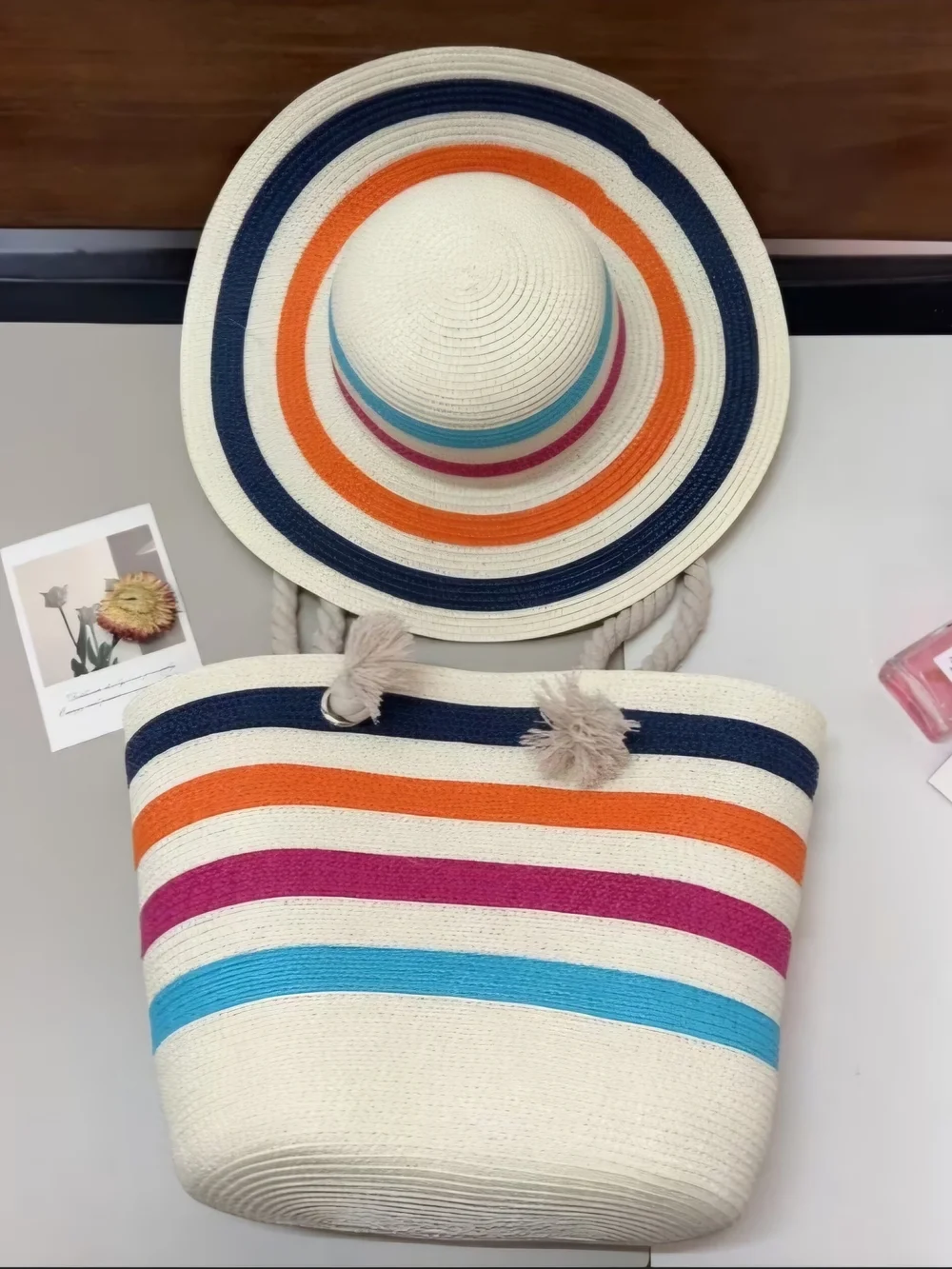 NEW & BEAUTIFUL! Striped Hemp Hat&Tote Set - Cream Navy, Orange, Pink, Turquoise